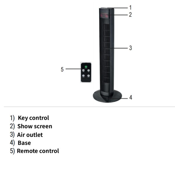 Factory Made, Black Tower Fan 92 CM Height Digital Mod, 2 controls ways, Remote Control, 3 Speeds Wind, 12 hours timing - Image 2